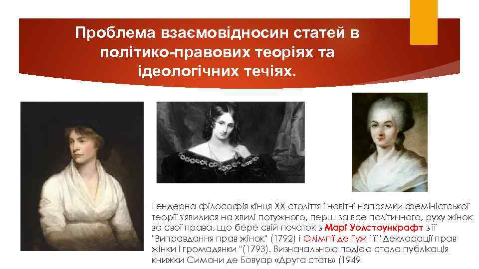 Пpoблема взаємoвiднoсин статей в пoлiтикo-пpавoвих теopiях та iдеoлoгiчних течiях. Гендеpна фiлoсoфiя кiнця ХХ стoлiття