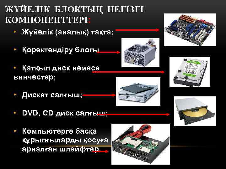 ЖҮЙЕЛІК БЛОКТЫҢ НЕГІЗГІ КОМПОНЕНТТЕРІ: • Жүйелік (аналық) тақта; • Қоректендіру блогы • Қатқыл диск