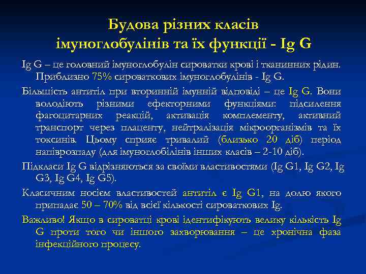 Будова різних класів імуноглобулінів та їх функції - Ig G – це головний імуноглобулін