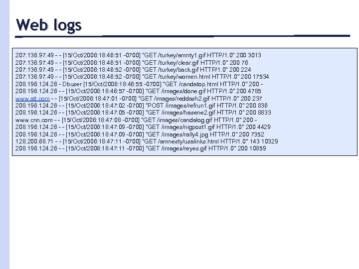 Web logs 207. 136. 97. 49 - - [15/Oct/2006: 18: 46: 51 -0700] 