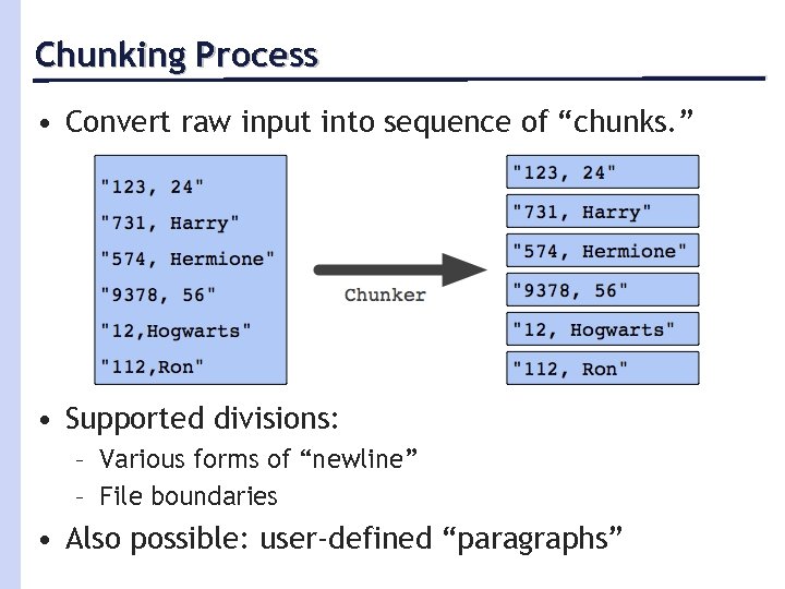 Chunking Process • Convert raw input into sequence of “chunks. ” • Supported divisions: