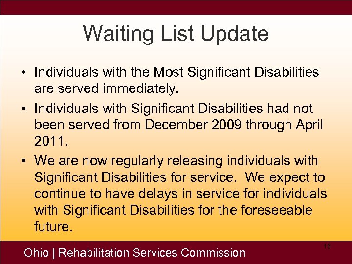 Waiting List Update • Individuals with the Most Significant Disabilities are served immediately. •