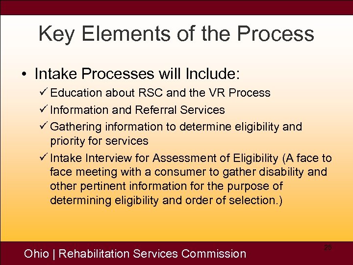 Key Elements of the Process • Intake Processes will Include: ü Education about RSC