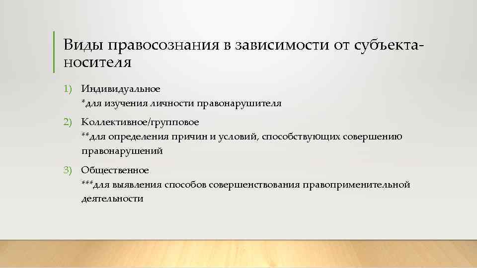 Виды правосознания в зависимости от субъектаносителя 1) Индивидуальное *для изучения личности правонарушителя 2) Коллективное/групповое