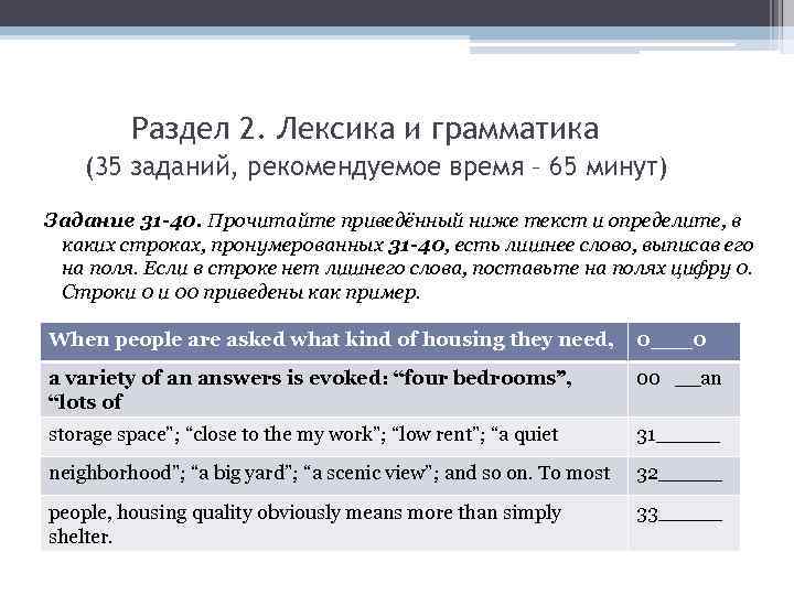 Раздел 2. Лексика и грамматика (35 заданий, рекомендуемое время – 65 минут) Задание 31