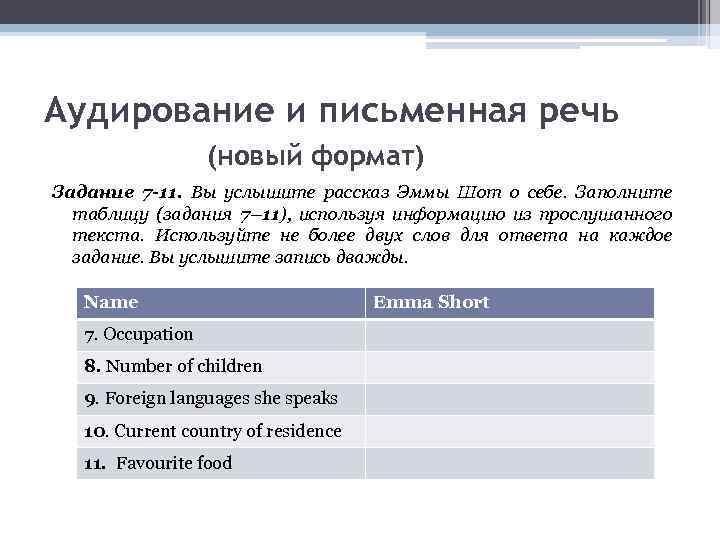 Аудирование и письменная речь (новый формат) Задание 7 -11. Вы услышите рассказ Эммы Шот