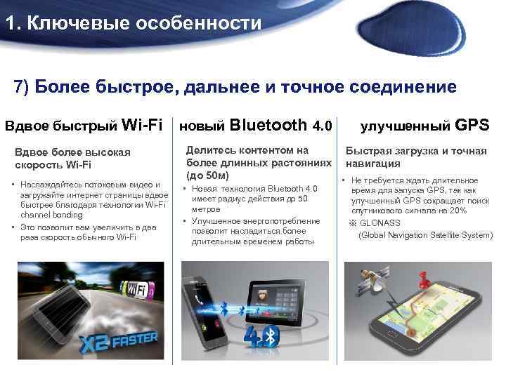 1. Ключевые особенности 7) Более быстрое, дальнее и точное соединение Вдвое быстрый Wi-Fi Вдвое