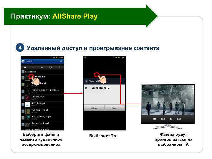 Практикум: All. Share Play 4 Удаленный доступ и проигрывание контента Living Room TV Выберите
