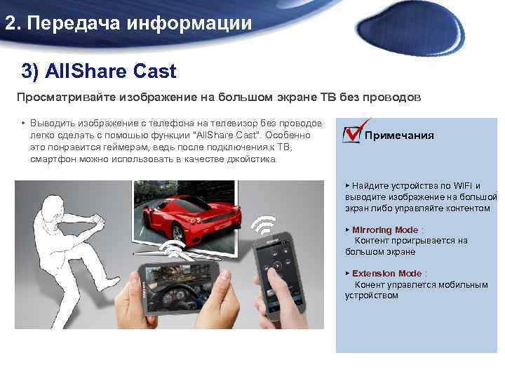 2. Передача информации 3) All. Share Cast Просматривайте изображение на большом экране ТВ без