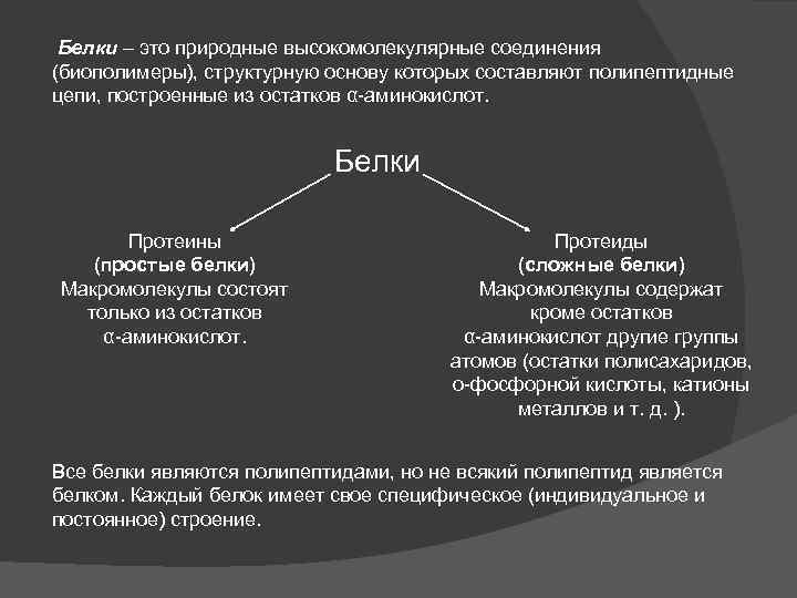 Белки – это природные высокомолекулярные соединения (биополимеры), структурную основу которых составляют полипептидные цепи, построенные
