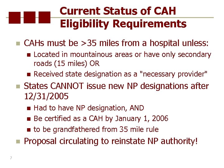 Current Status of CAH Eligibility Requirements n CAHs must be >35 miles from a