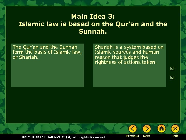 Main Idea 3: Islamic law is based on the Qur’an and the Sunnah. The