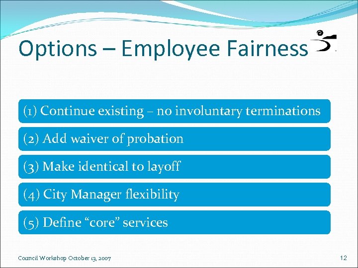 Options – Employee Fairness (1) Continue existing – no involuntary terminations (2) Add waiver