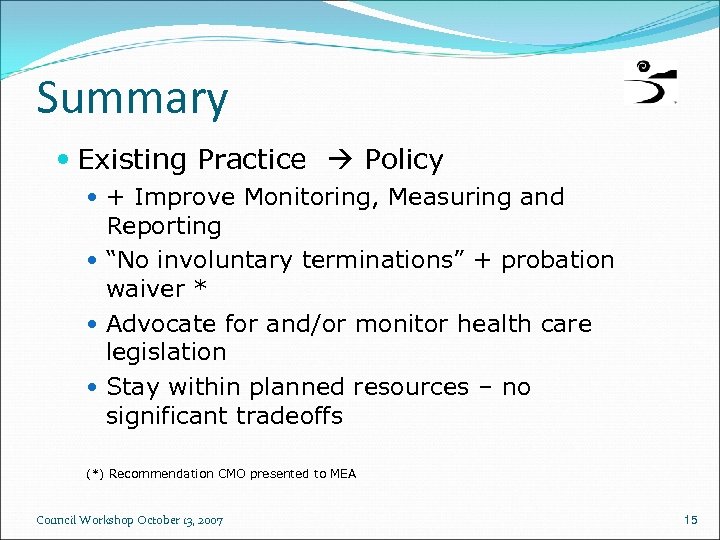 Summary Existing Practice Policy + Improve Monitoring, Measuring and Reporting “No involuntary terminations” +