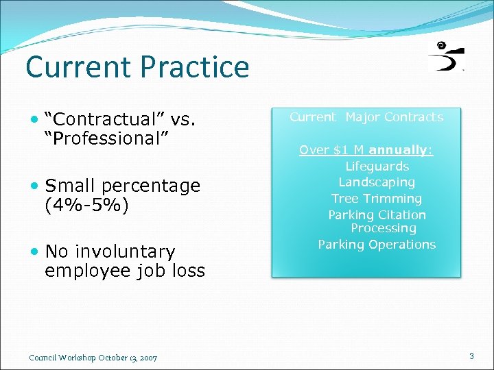 Current Practice “Contractual” vs. “Professional” Small percentage (4%-5%) No involuntary employee job loss Council