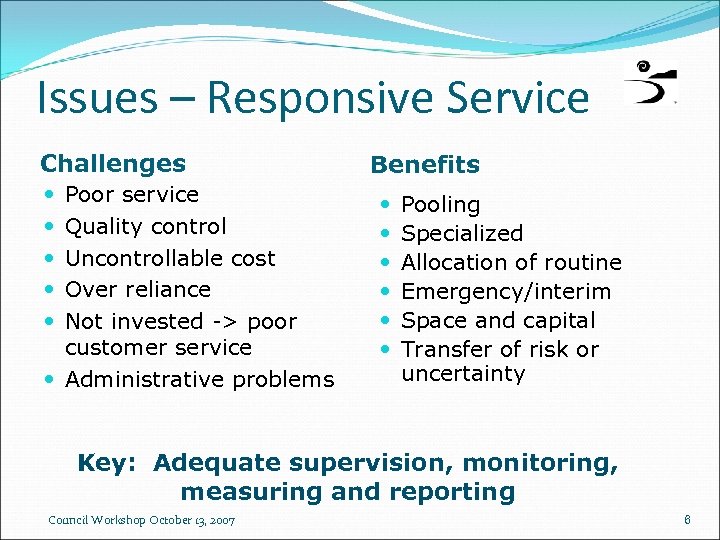 Issues – Responsive Service Challenges Poor service Quality control Uncontrollable cost Over reliance Not