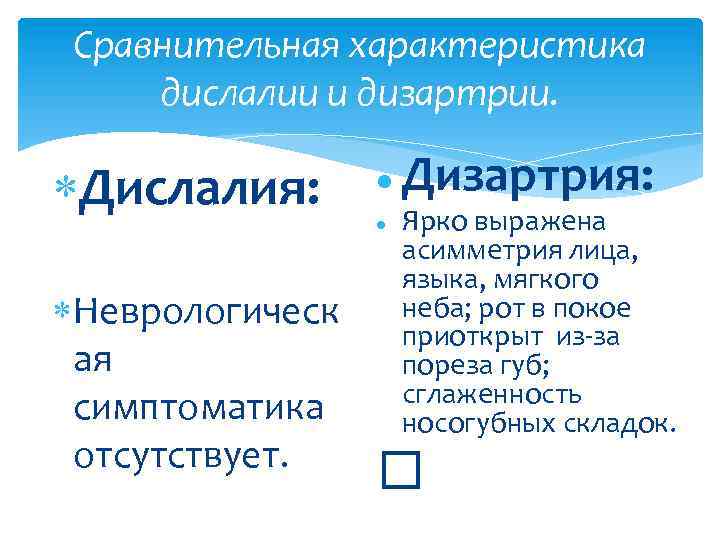 Сравнительная характеристика дислалии и дизартрии. Дислалия: Неврологическ ая симптоматика отсутствует. Дизартрия: Ярко выражена асимметрия