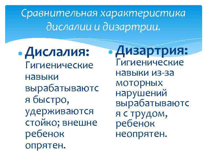 Сравнительная характеристика дислалии и дизартрии. Дислалия: Гигиенические навыки вырабатываютс я быстро, удерживаются стойко; внешне