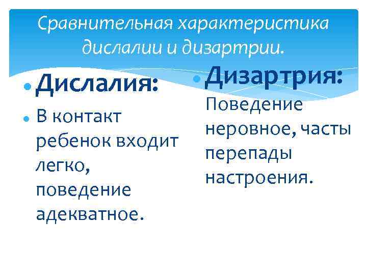 Сравнительная характеристика дислалии и дизартрии. Дислалия: В контакт ребенок входит легко, поведение адекватное. Дизартрия: