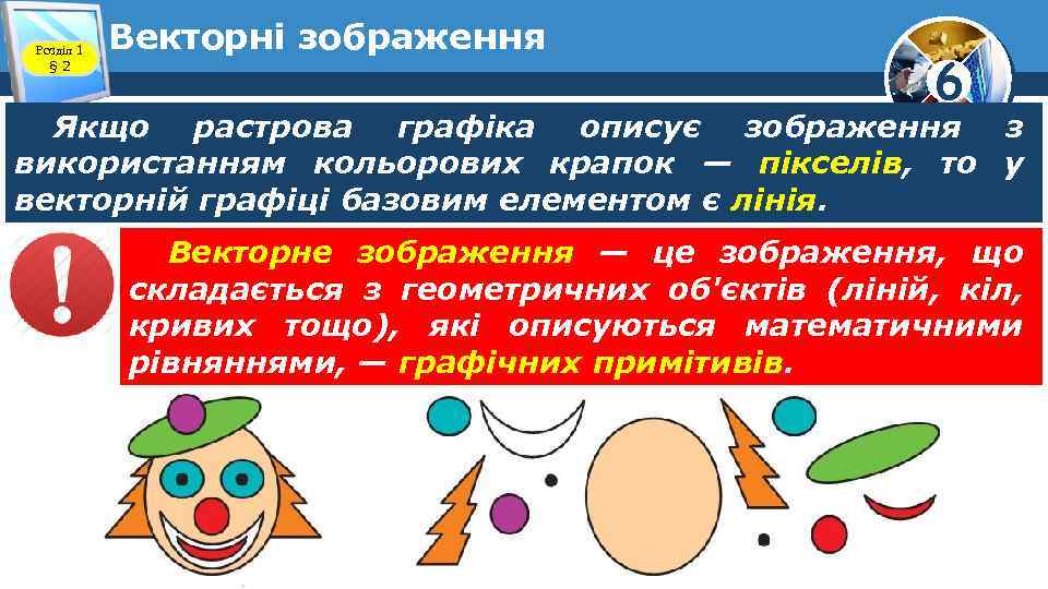 Розділ 1 § 2 Векторні зображення 6 Якщо растрова графіка описує зображення з використанням