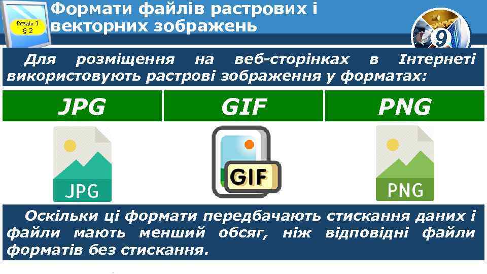 Розділ 1 § 2 Формати файлів растрових і векторних зображень 9 Для розміщення на