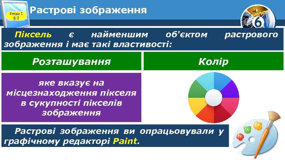 Розділ 1 § 2 Растрові зображення Піксель є найменшим об'єктом зображення і має такі