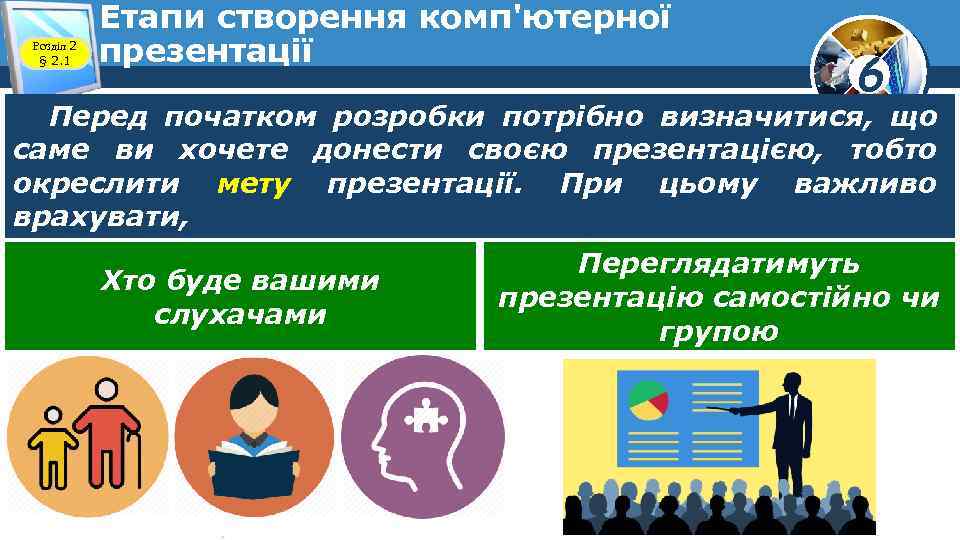 Розділ 2 § 2. 1 Етапи створення комп'ютерної презентації 6 Перед початком розробки потрібно