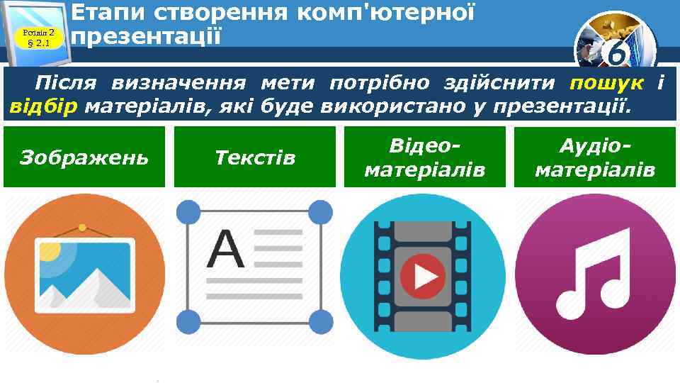 Розділ 2 § 2. 1 Етапи створення комп'ютерної презентації 6 Після визначення мети потрібно