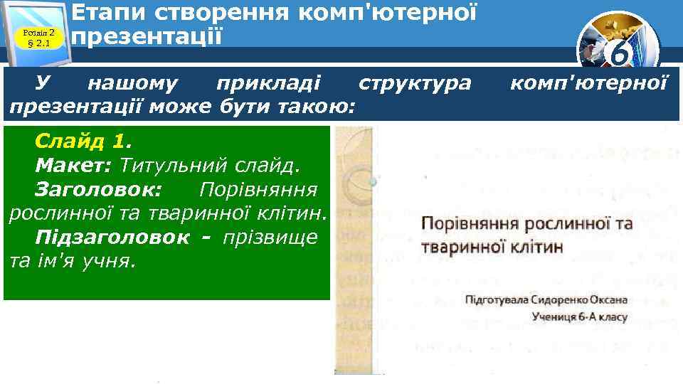 Розділ 2 § 2. 1 Етапи створення комп'ютерної презентації У нашому прикладі структура презентації