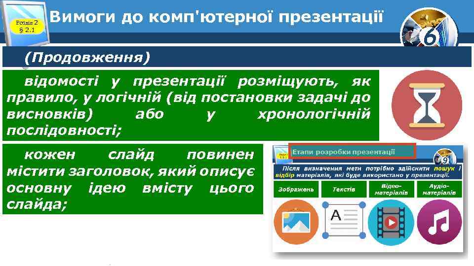 Розділ 2 § 2. 1 Вимоги до комп'ютерної презентації (Продовження) відомості у презентації розміщують,