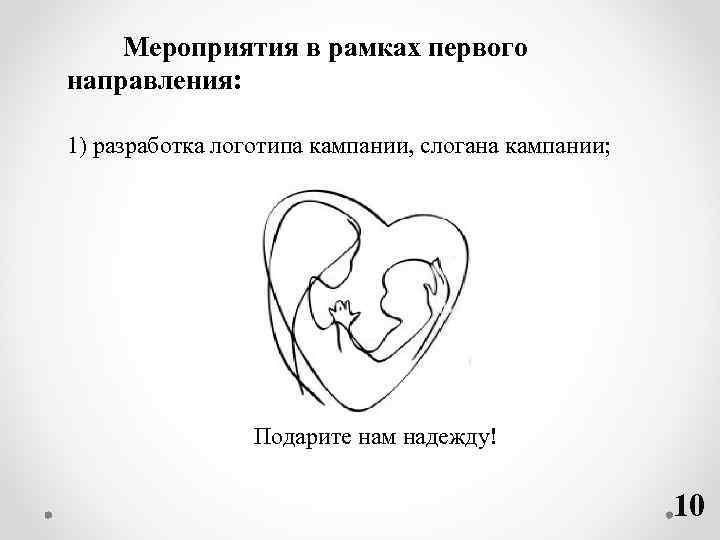 Мероприятия в рамках первого направления: 1) разработка логотипа кампании, слогана кампании; Подарите нам надежду!