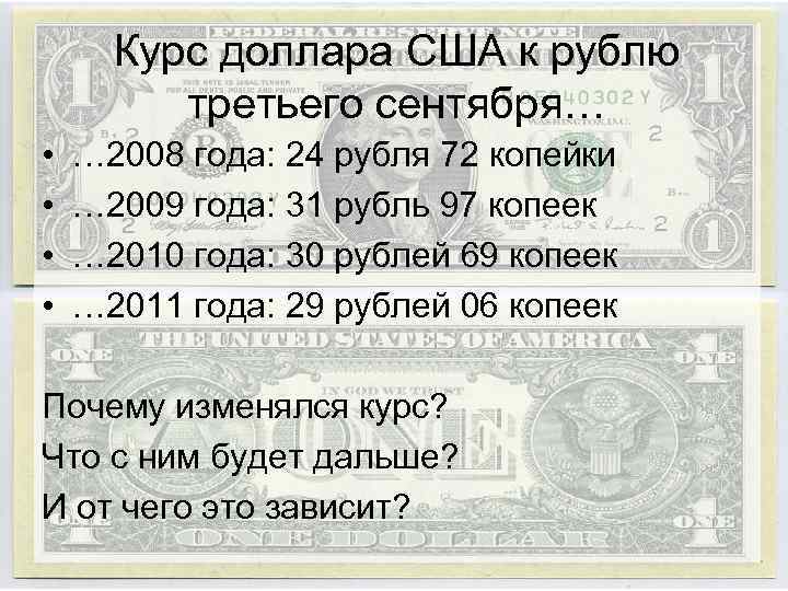 Курс доллара США к рублю третьего сентября… • • … 2008 года: 24 рубля