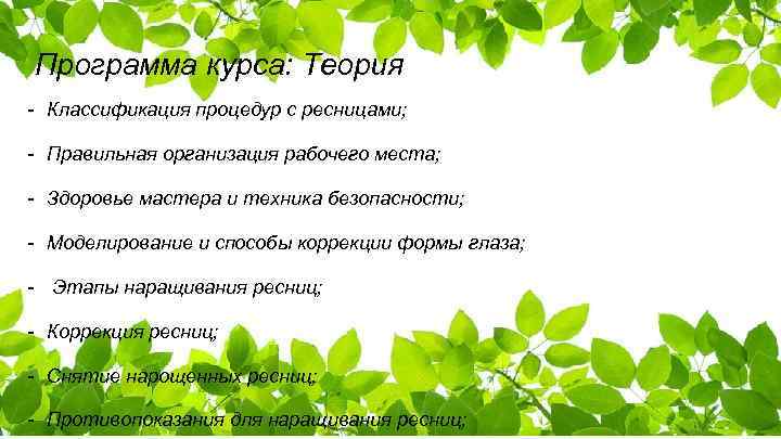 Программа курса: Теория - Классификация процедур с ресницами; - Правильная организация рабочего места; -