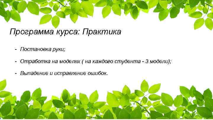 Программа курса: Практика - Постановка руки; - Отработка на моделях ( на каждого студента