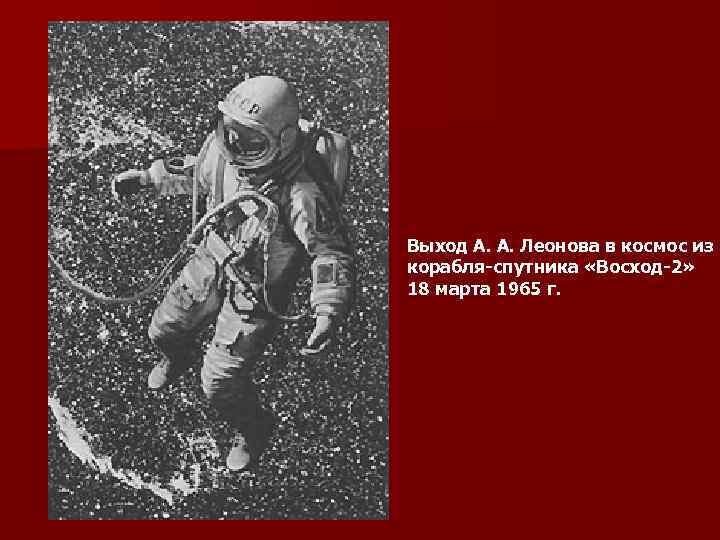 Выход А. А. Леонова в космос из корабля-спутника «Восход-2» 18 марта 1965 г. 