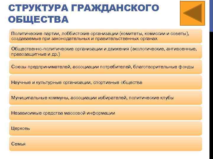 СТРУКТУРА ГРАЖДАНСКОГО ОБЩЕСТВА Политические партии, лоббистские организации (комитеты, комиссии и советы), создаваемые при законодательных