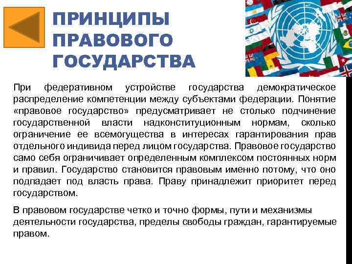 ПРИНЦИПЫ ПРАВОВОГО ГОСУДАРСТВА При федеративном устройстве государства демократическое распределение компетенции между субъектами федерации. Понятие