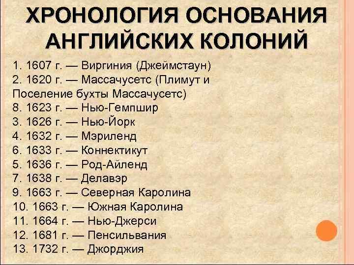 ХРОНОЛОГИЯ ОСНОВАНИЯ АНГЛИЙСКИХ КОЛОНИЙ 1. 1607 г. — Виргиния (Джеймстаун) 2. 1620 г. —