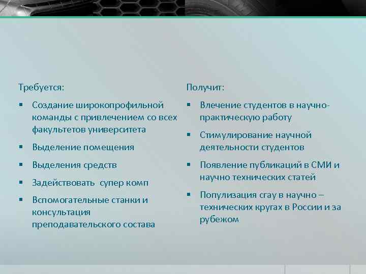 Требуется: Получит: § Создание широкопрофильной § Влечение студентов в научнокоманды с привлечением со всех
