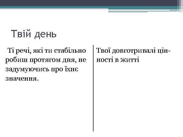 Твій день Ті речі, які ти стабільно Твої довготривалі цінробиш протягом дня, не ності