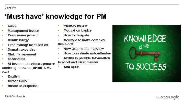 Being PM ‘Must have’ knowledge for PM • SDLC • Management basics • Team