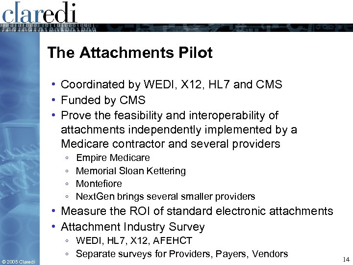 The Attachments Pilot • Coordinated by WEDI, X 12, HL 7 and CMS •