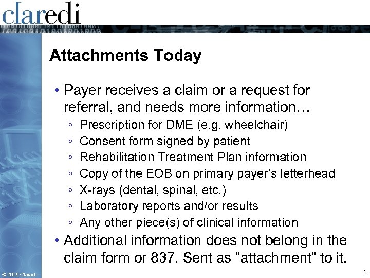 Attachments Today • Payer receives a claim or a request for referral, and needs