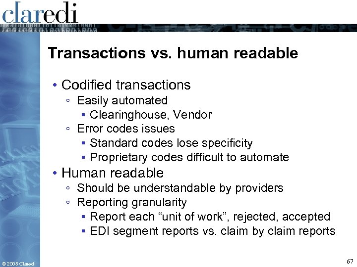 Transactions vs. human readable • Codified transactions ◦ Easily automated ▪ Clearinghouse, Vendor ◦