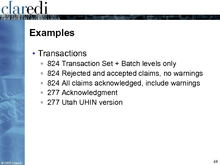 Examples • Transactions ◦ ◦ ◦ © 2005 Claredi 824 Transaction Set + Batch