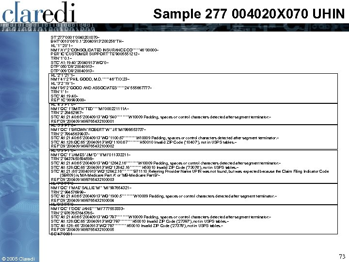 Sample 277 004020 X 070 UHIN ST*277*0001*004020 X 070~ BHT*0010*06*0. 1*20040913*200256*TH~ HL*1**20*1~ NM 1*AY*2*CONSOLIDATED
