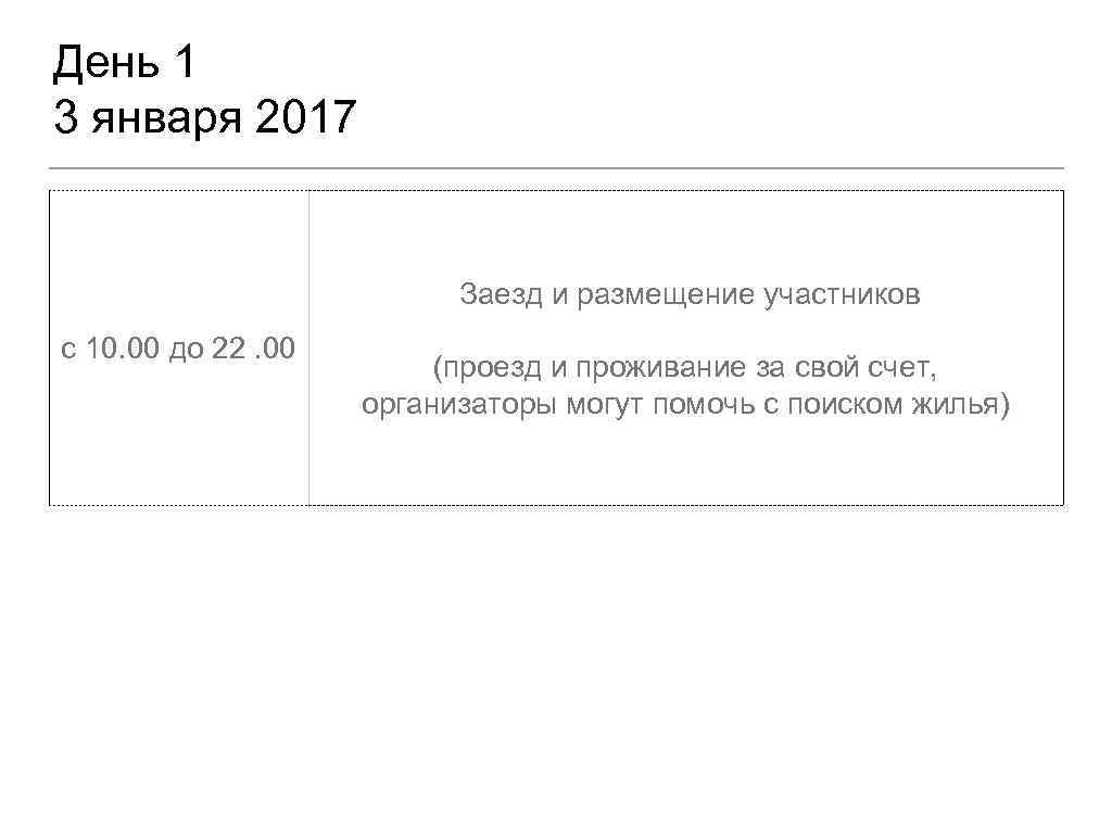 День 1 3 января 2017 Заезд и размещение участников с 10. 00 до 22.