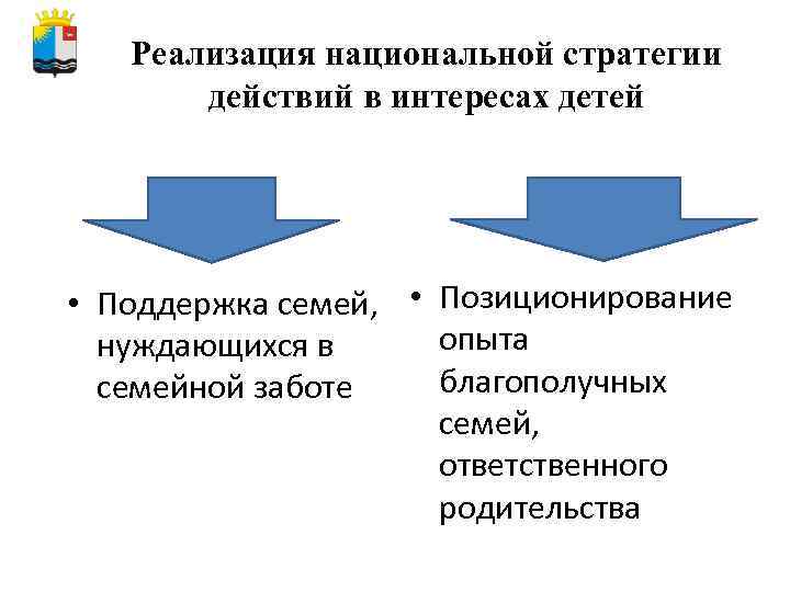 Реализация национальной стратегии действий в интересах детей • Поддержка семей, • Позиционирование опыта нуждающихся