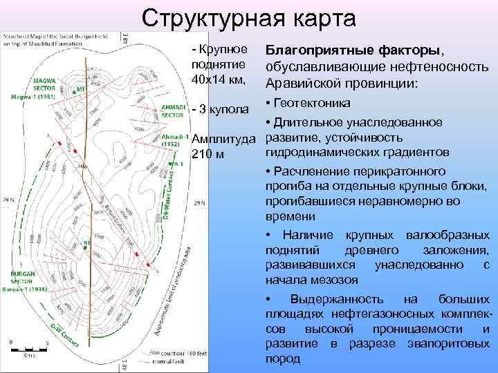 Структурная карта - Крупное поднятие 40 х14 км, Благоприятные факторы, обуславливающие нефтеносность Аравийской провинции: