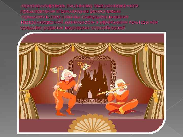 -проанализировать постановку театрализованного представления «Приключения Белоснежки» -предложить перспективы совершенствования театрализованной деятельности в учреждении культуры